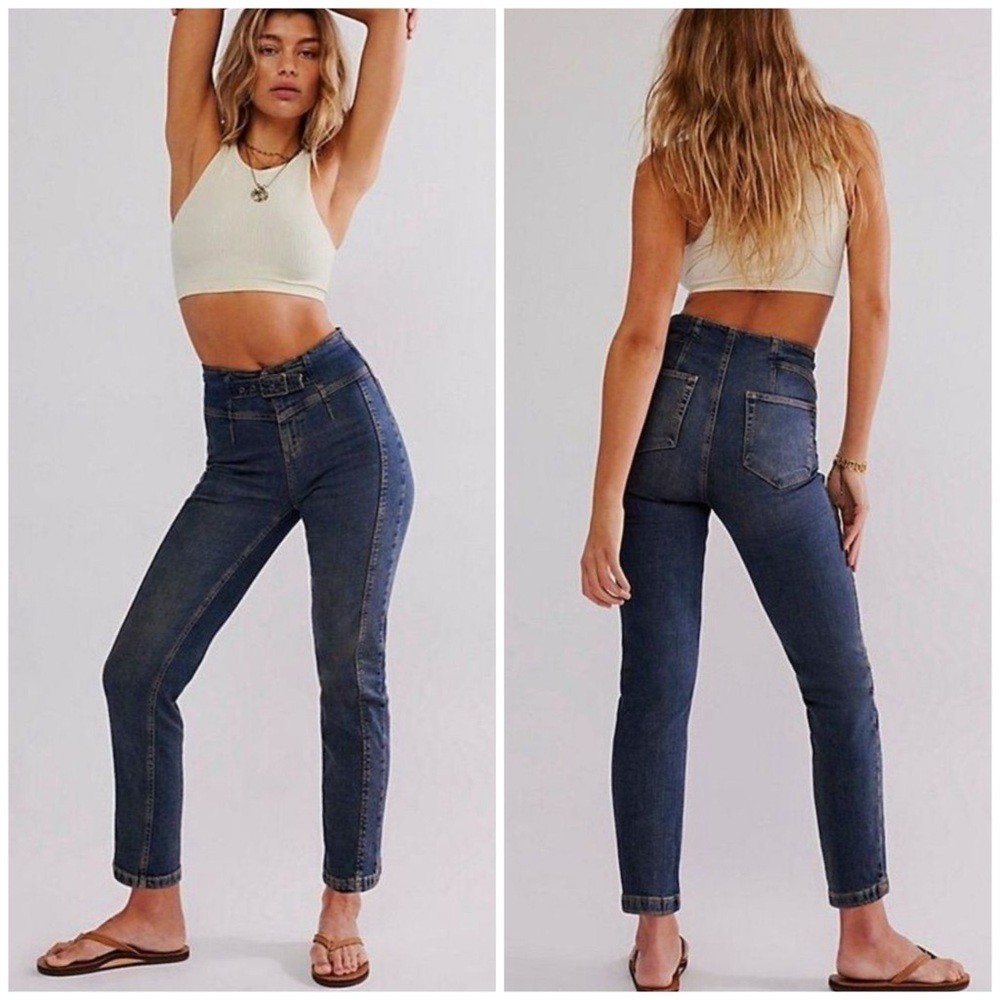 Free People Natural Curvy Dream State High Rise Straight Buckle Jeans Sz 30